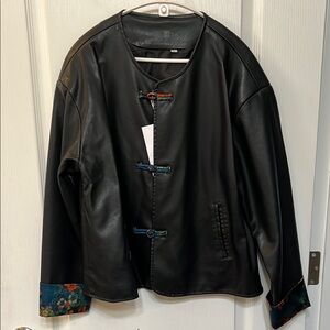 Black PU Leather Jacket with Floral Silk Accents